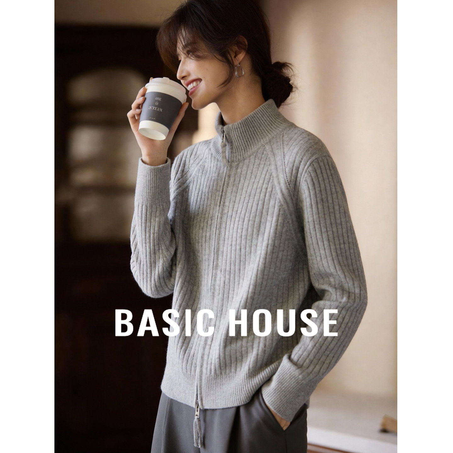 Basic House/百家好半高领拉链羊毛衫女新款拉链针织灰色毛衣外套