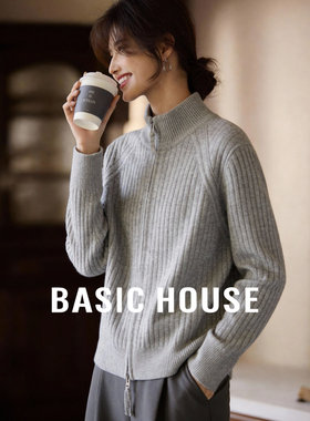 Basic House/百家好半高领拉链羊毛衫女新款拉链针织灰色毛衣外套