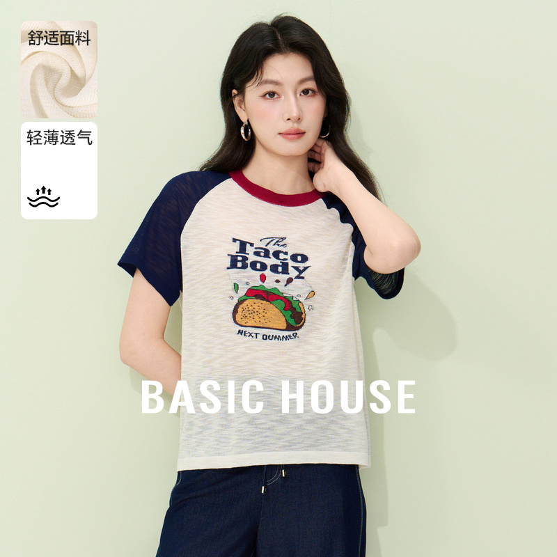 Basic House/百家好撞色插肩袖针织衫夏季减龄卡通圆领短袖上衣女