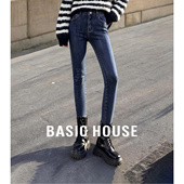 显瘦复古水洗加绒牛仔裤 百家好高腰毛边裤 新款 修身 脚铅笔裤 女冬季