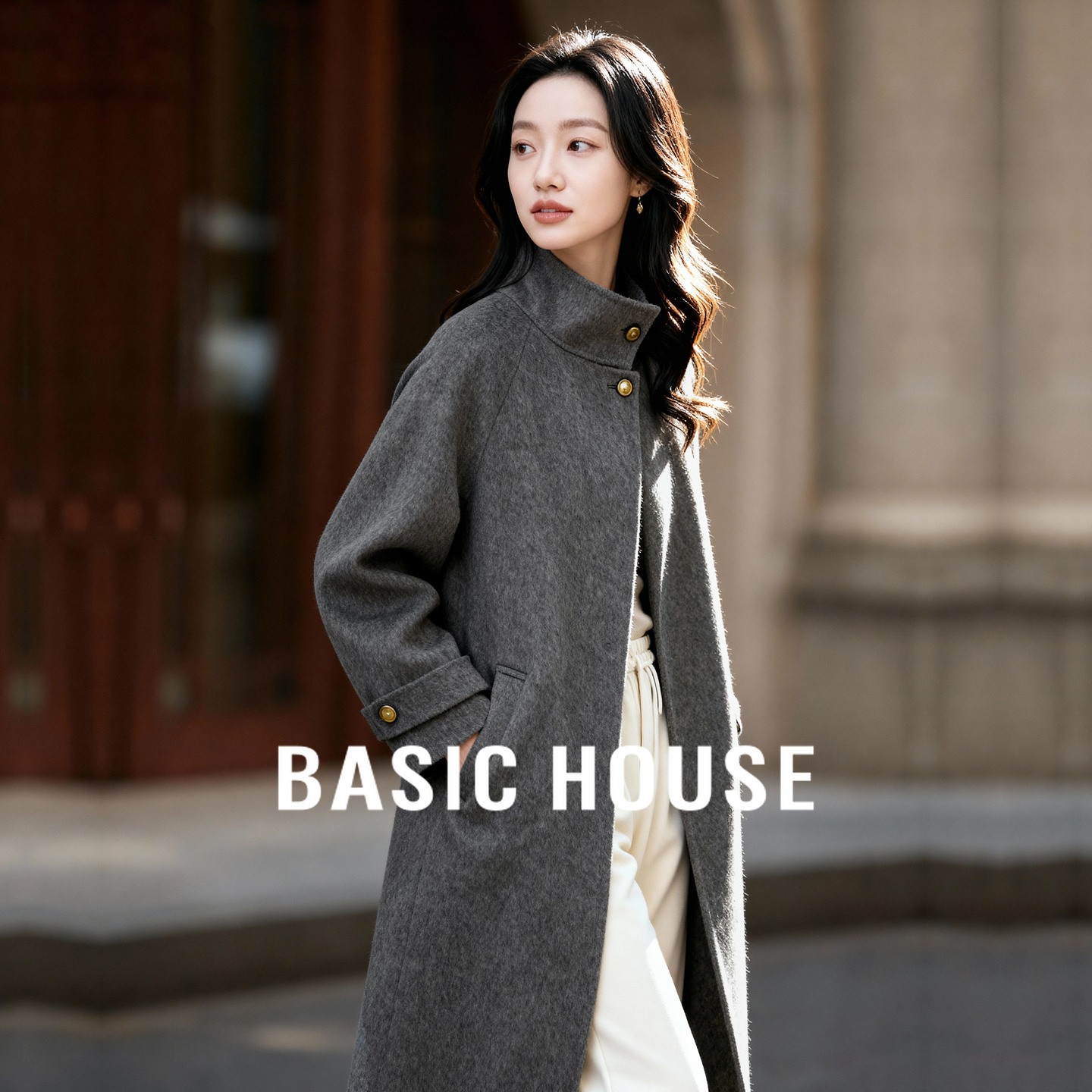 Basic House/百家好立领气质骆驼绒大衣女冬季收腰系带羊毛呢外套