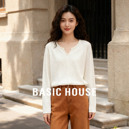Basic House/百家好简约V领针织衫女冬季新款简约温柔绵羊毛上衣
