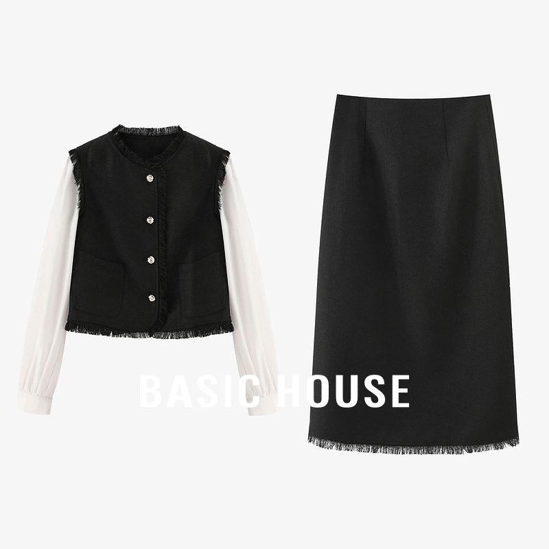 Basic House/百家好撞色休闲套装秋冬假两件衬衫马甲半身裙两件套
