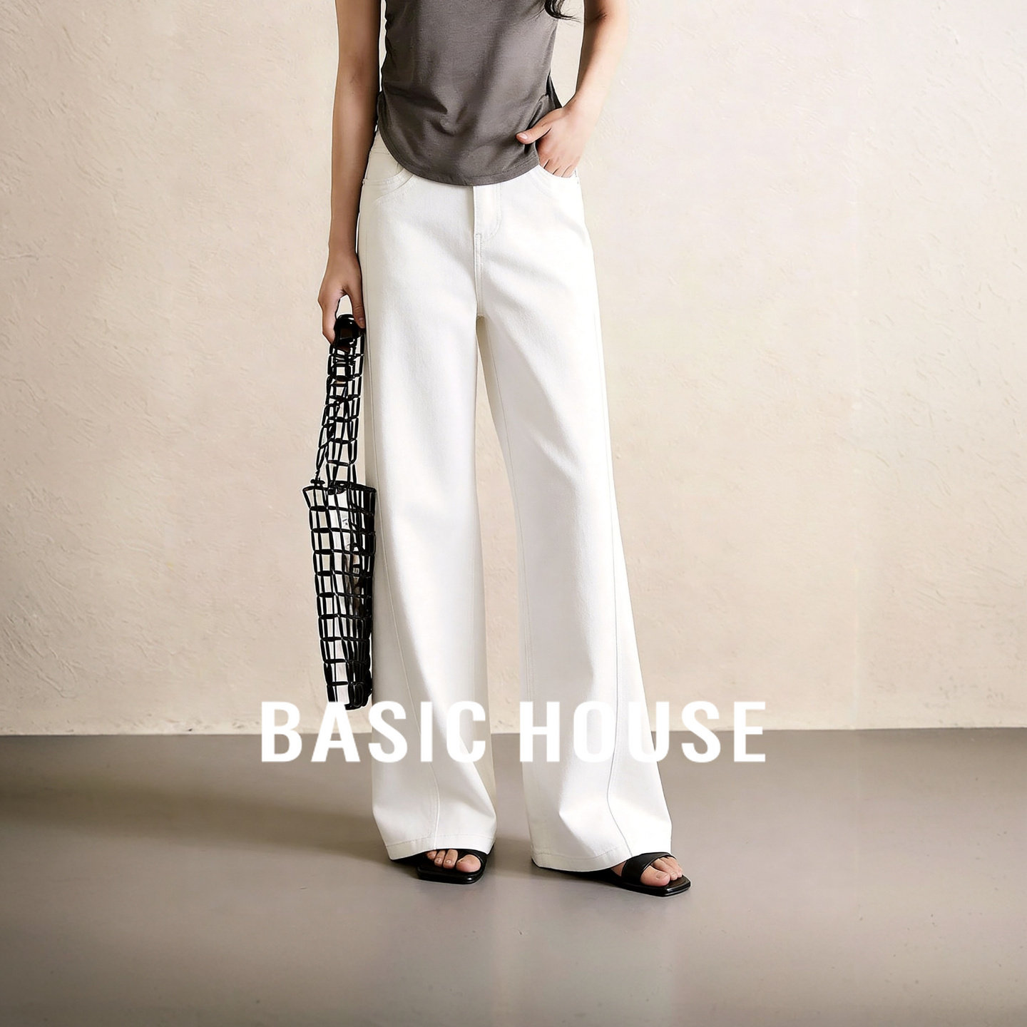 Basic House/百家好简约高腰阔腿裤女夏季宽松显瘦百搭直筒牛仔裤