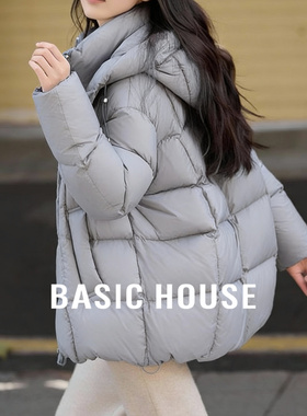 百家好白鸭绒保暖方格外套女冬季新款灰色立领气质中长泡芙羽绒服