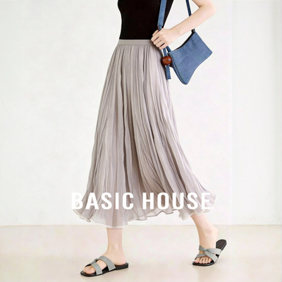 Basic House/百家好步步生莲藕色半身纱裙夏季新款百褶垂感A字裙