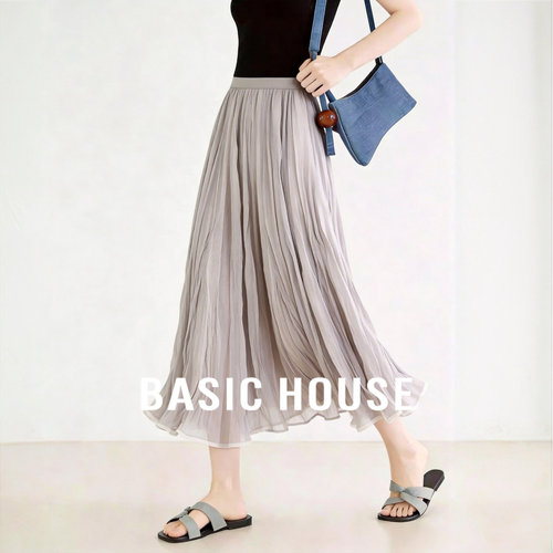Basic House/百家好步步生莲藕色半身纱裙夏季新款百褶垂感A字裙
