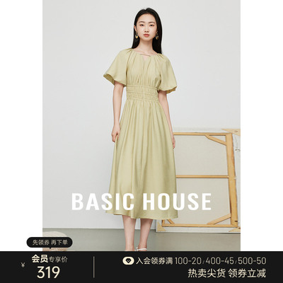 Basic House/百家好春夏千金风泡泡短袖连衣裙设计感收腰A字长裙