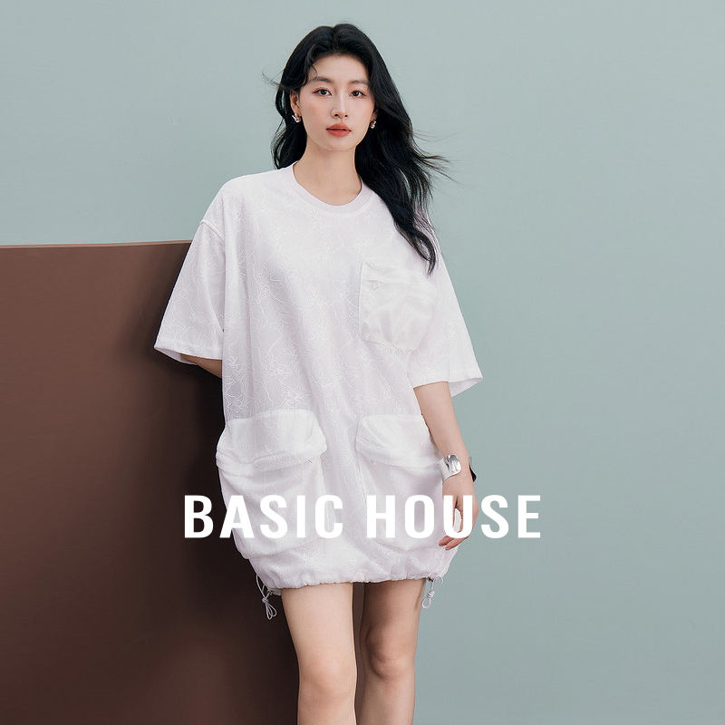 Basic House/百家好纯色暗纹短袖长款T恤夏季新款大口袋宽松上衣