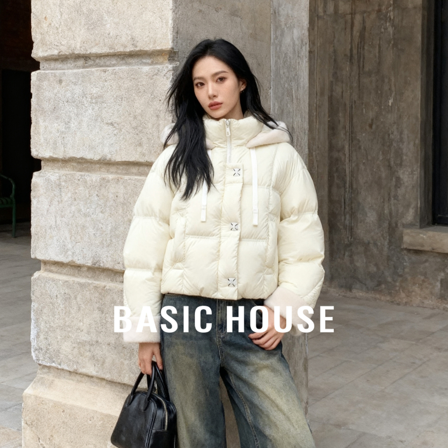 Basic House/百家好连帽短款羽绒服2025冬季时尚蓬松保暖面包服女