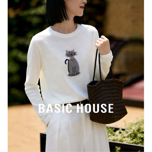 Basic House/百家好撞色卡通猫咪长袖针织女春减龄薄款打底衫上衣