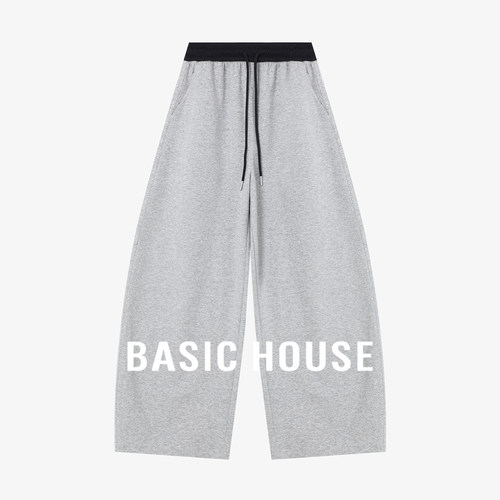Basic House/百家好灰色闪钻阔腿卫裤女春夏新款高腰松弛感运动裤