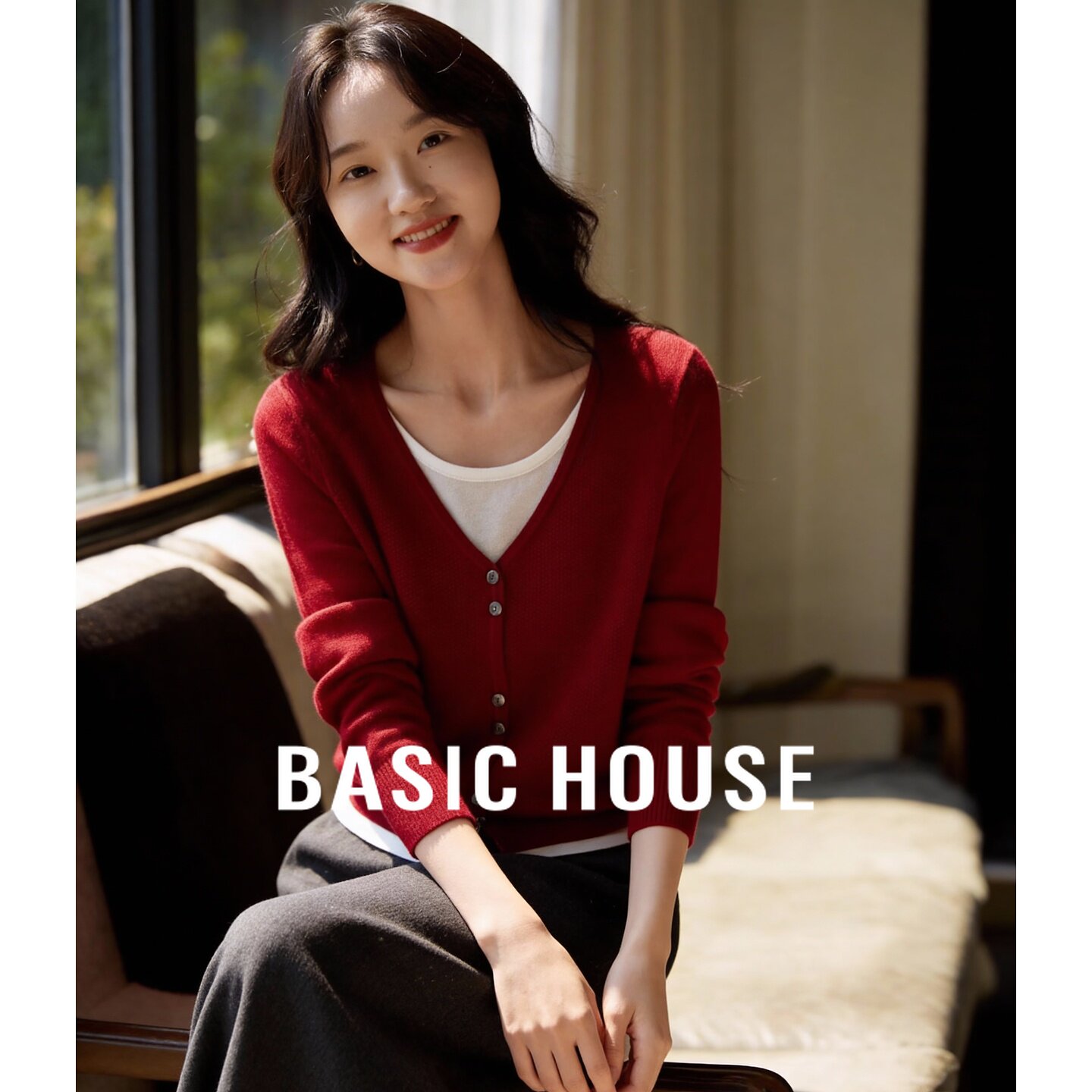 Basic House/百家好假两件撞色针织衫女2026春款V领百搭显瘦毛衣
