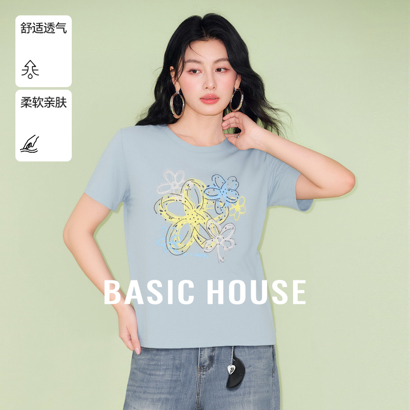 Basic House/百家好夏季新款钉珠涂鸦设计感正肩短袖圆领套头T恤