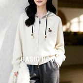 女软糯显瘦拉链连帽外套 百家好撞色条纹帽边针织开衫 Basic House