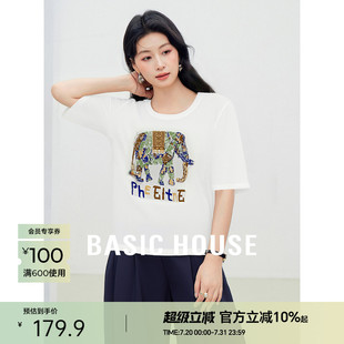Basic 女慵懒宽松圆领上衣 House 百家好莱赛尔复古彩色小象针织衫