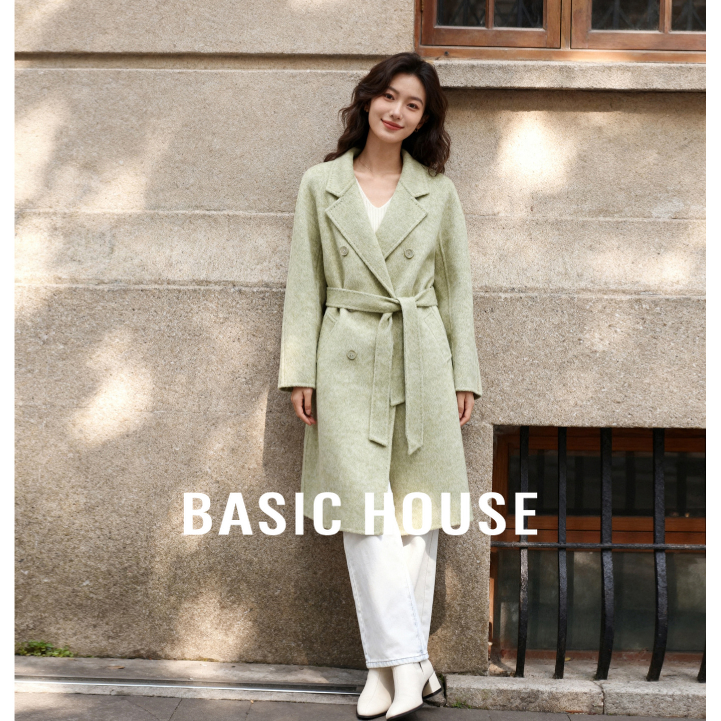 Basic House/百家好简约毛呢外套2025冬季经典西装领系带气质大衣