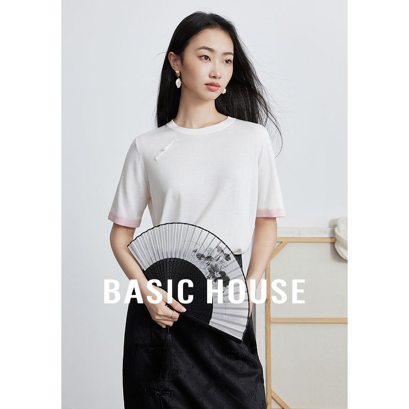 Basic House/百家好新中式撞色T恤夏季新款国风女装盘扣短袖上衣