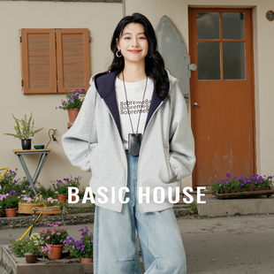慵懶撞色連帽衛衣外套女秋季 Basic House 百家好韓式 外套 拉鏈開衫