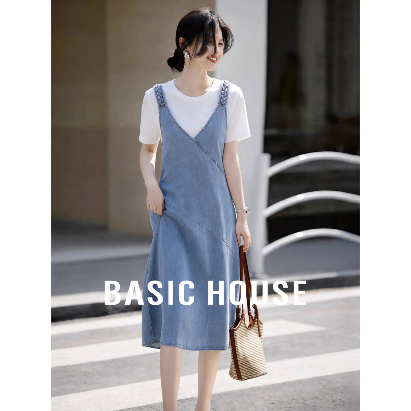 Basic House/百家好牛仔背带裙两件套女季夏小个子减龄连衣裙套装