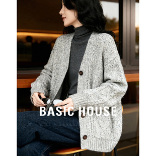 Basic House/百家好灰色花纱v领针织毛衣秋冬25慵懒羊毛加厚外套