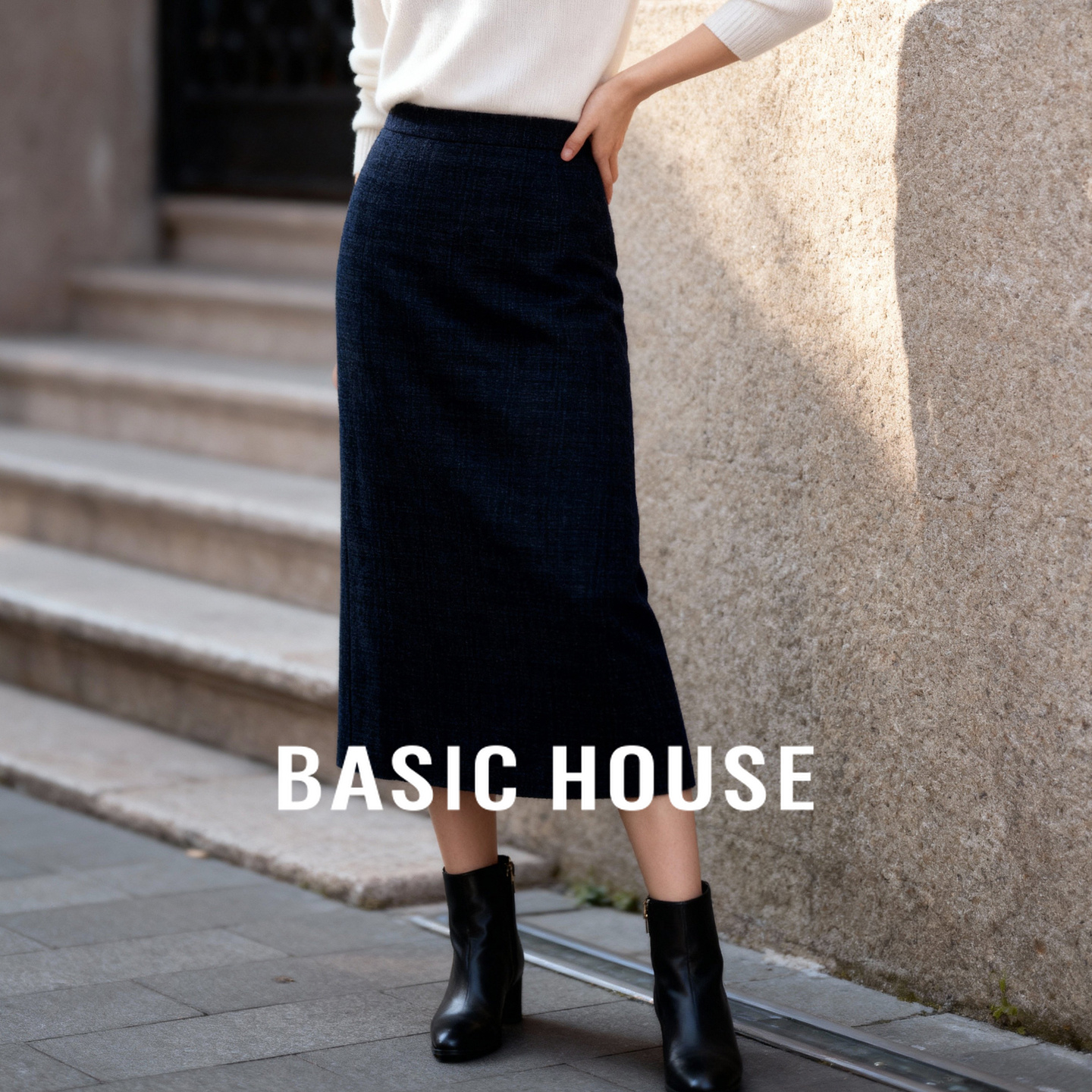 Basic House/百家好绵羊毛秋冬小香风半身裙2025新款高腰中长裙子