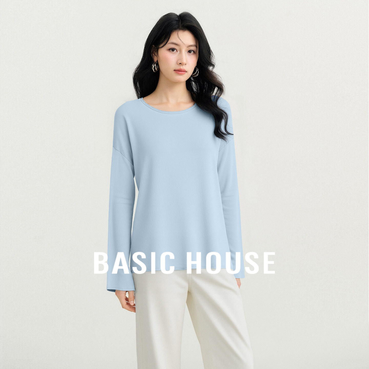Basic House/百家好简约时尚百搭秋冬新款宽松显瘦长袖套头针织衫