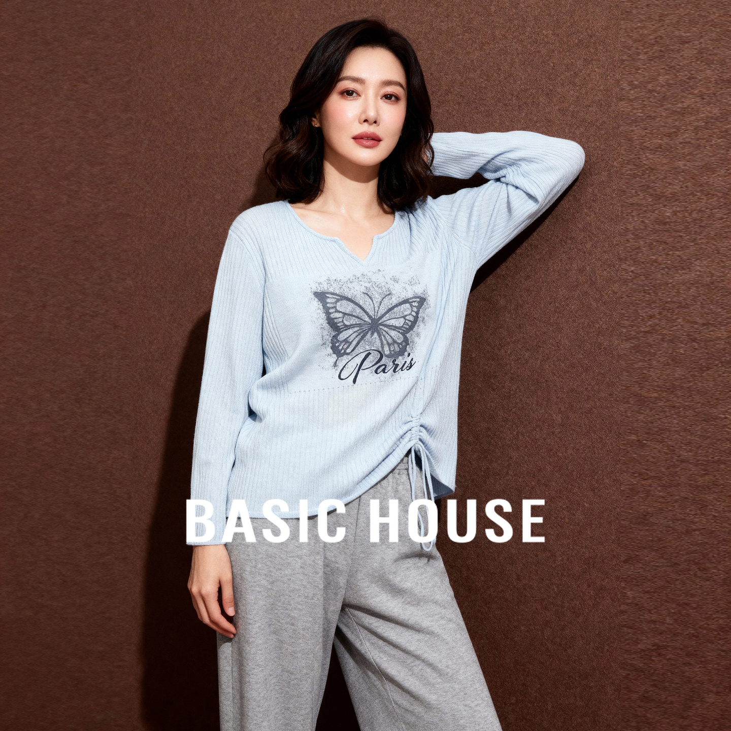 Basic House/百家好v领蝴蝶印花抽绳针织衫女款秋季新款撞色上衣