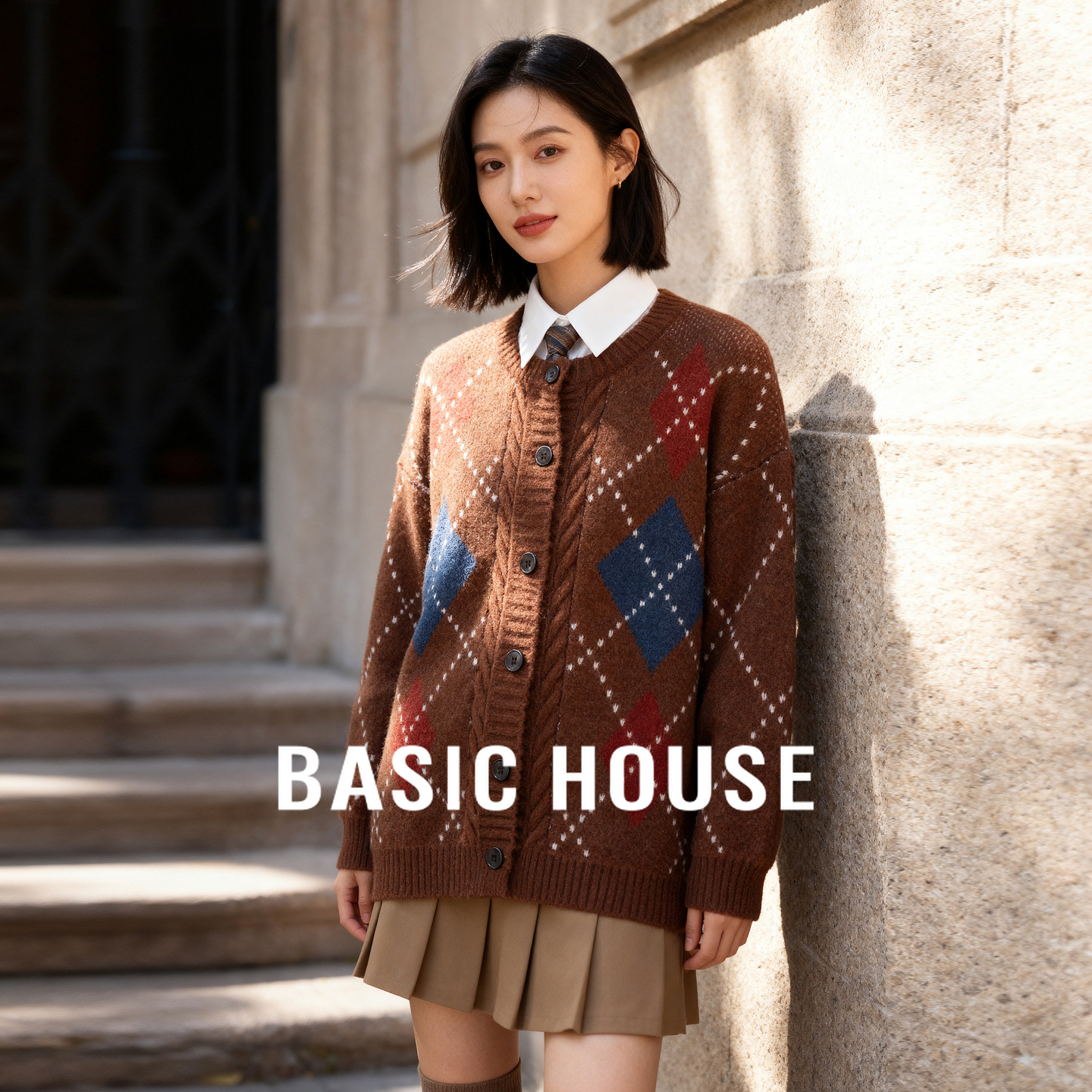 Basic House/百家好学院风撞色菱格开衫外套圆领宽松落肩毛衣冬季