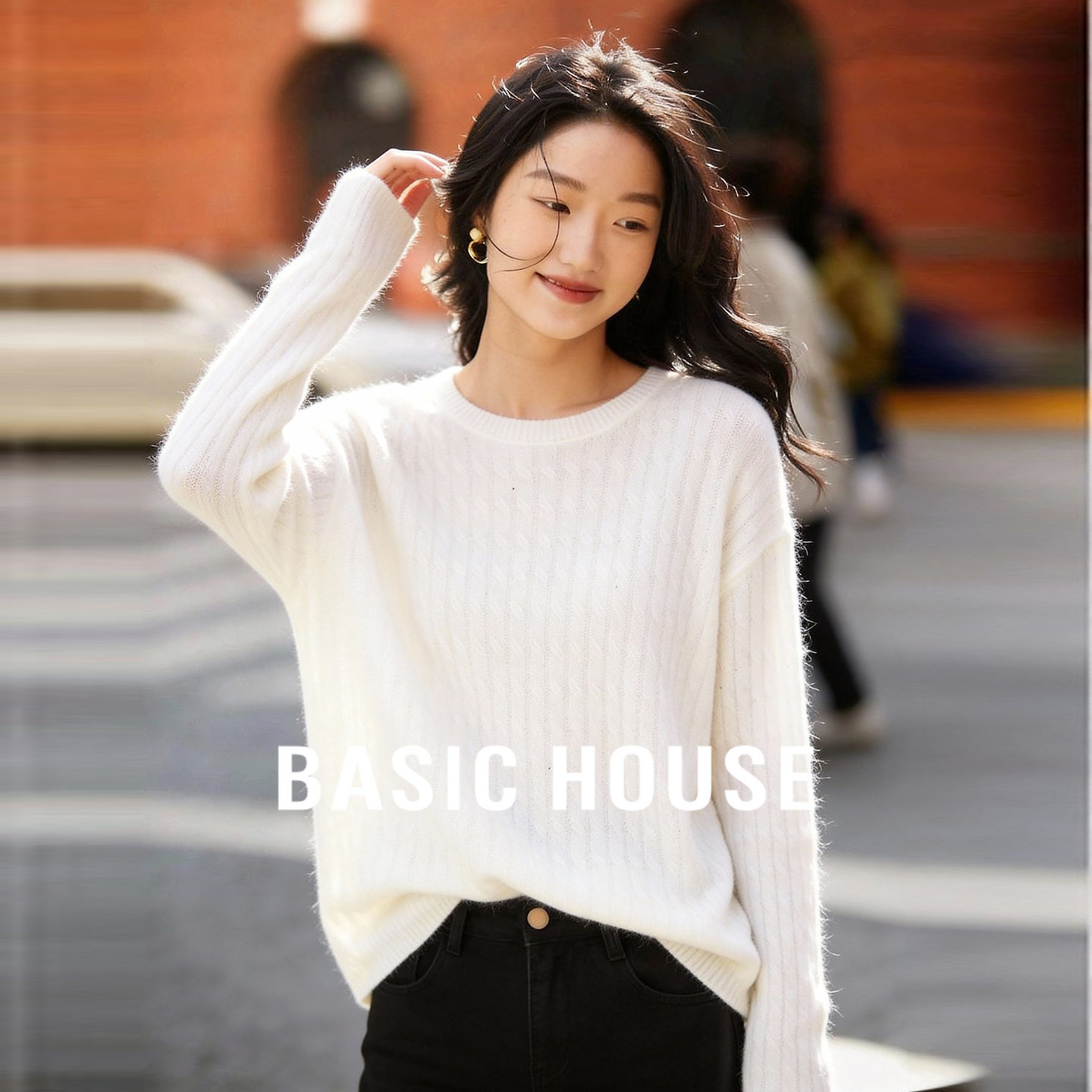 Basic House/百家好温柔风白色坑条针织衫女春装宽松慵懒套头上衣