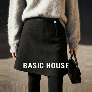 Basic House/百家好黑色醋酸羊毛呢半身裙女2025秋冬加厚A字短裙