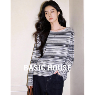 百家好黑白渐变条纹肌理宽松廓形长袖 上衣慵懒风显瘦百搭针织衫