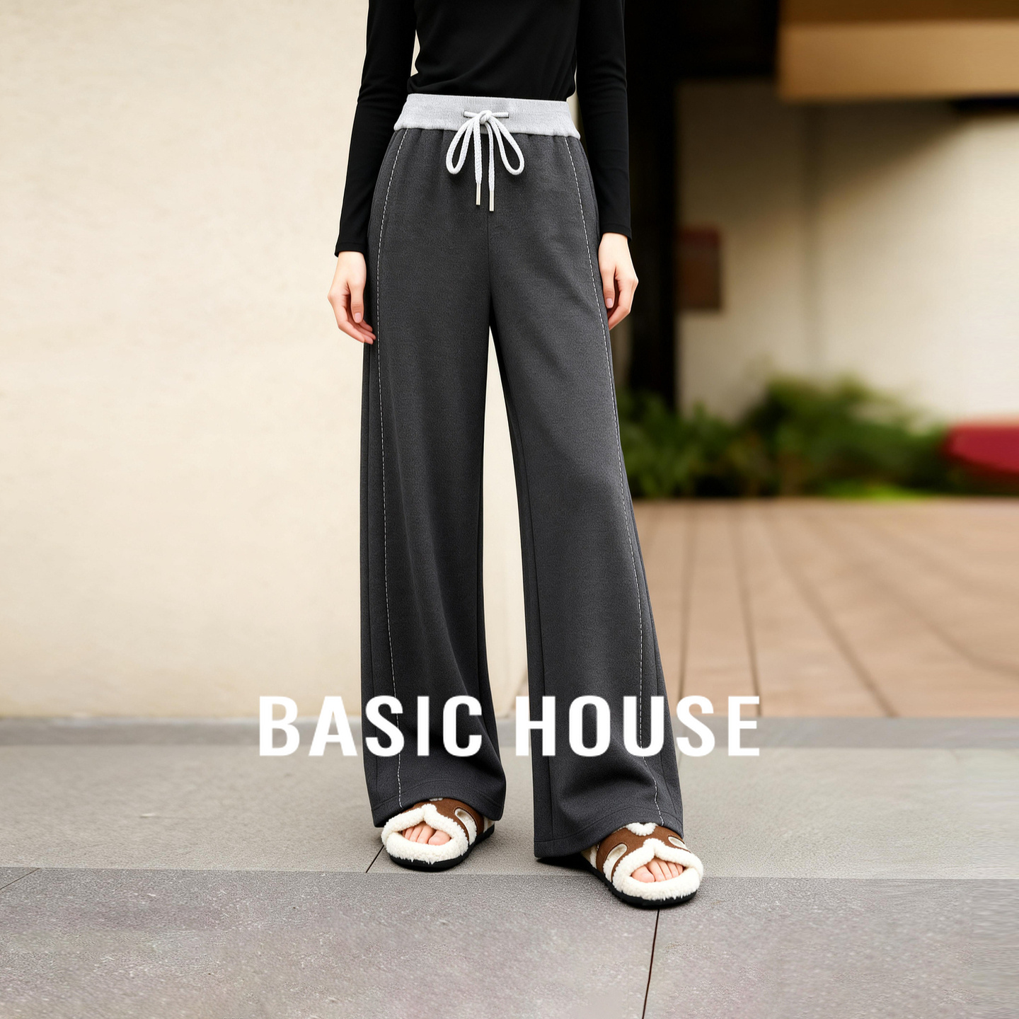 Basic House/百家好撞色腰头设计感加厚休闲裤女冬2025新款阔腿裤