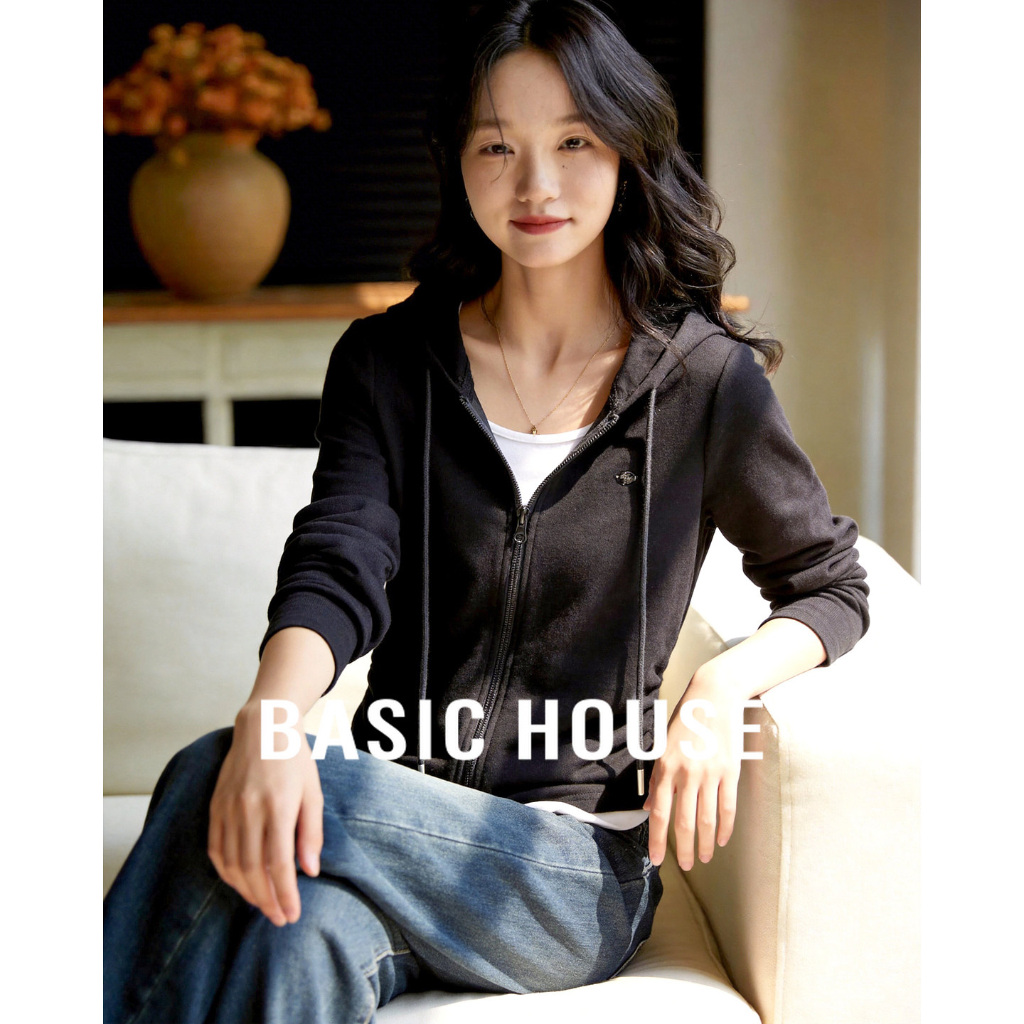 Basic House/百家好假两件连帽卫衣外套女2026春季新款小个子上衣