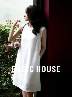 Basic House/百家好白色无袖蕾丝连衣裙女夏A字显瘦松弛感气质裙