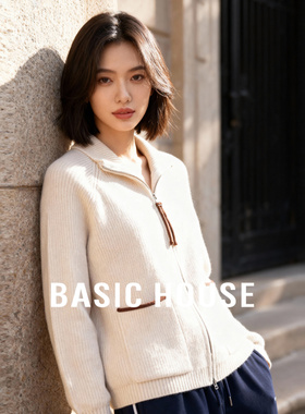 Basic House/百家好翻领拉链针织上衣女冬季撞色口袋宽松毛衣外套