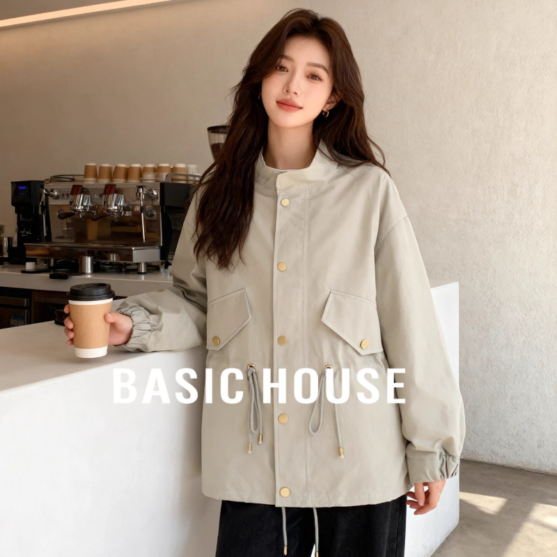 Basic House/百家好工装风抽绳风衣外套2025秋季双口袋小个子上衣