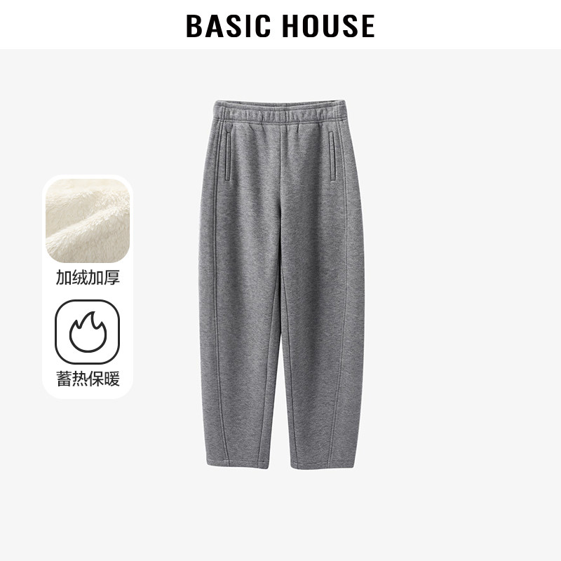 Basic House/百家好加绒休闲裤女士小个子早秋松紧高腰白色阔腿裤