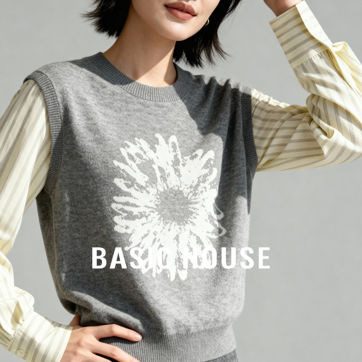 Basic House/百家好绵羊毛假两件刺绣针织衫秋冬撞色拼接圆领上衣