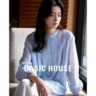 宽松显瘦七分袖 新款 通勤气质上衣女 2026春季 百家好蓝立领压褶衬衫