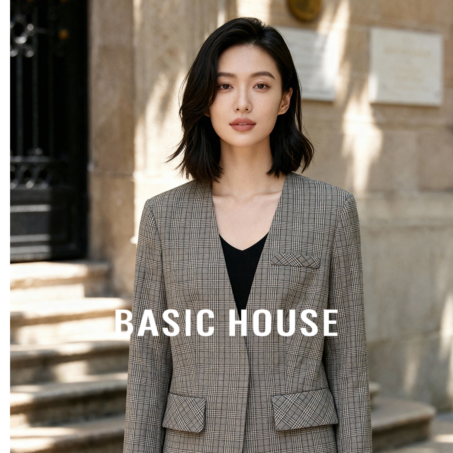Basic House/百家好格纹复古休闲时尚秋季新款通勤气质西装外套女