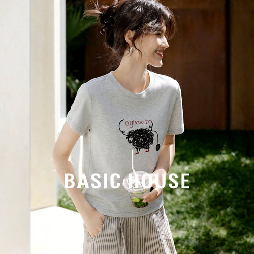 Basic House/百家好创意线条小羊T恤女夏季宽松休闲减龄棉感上衣