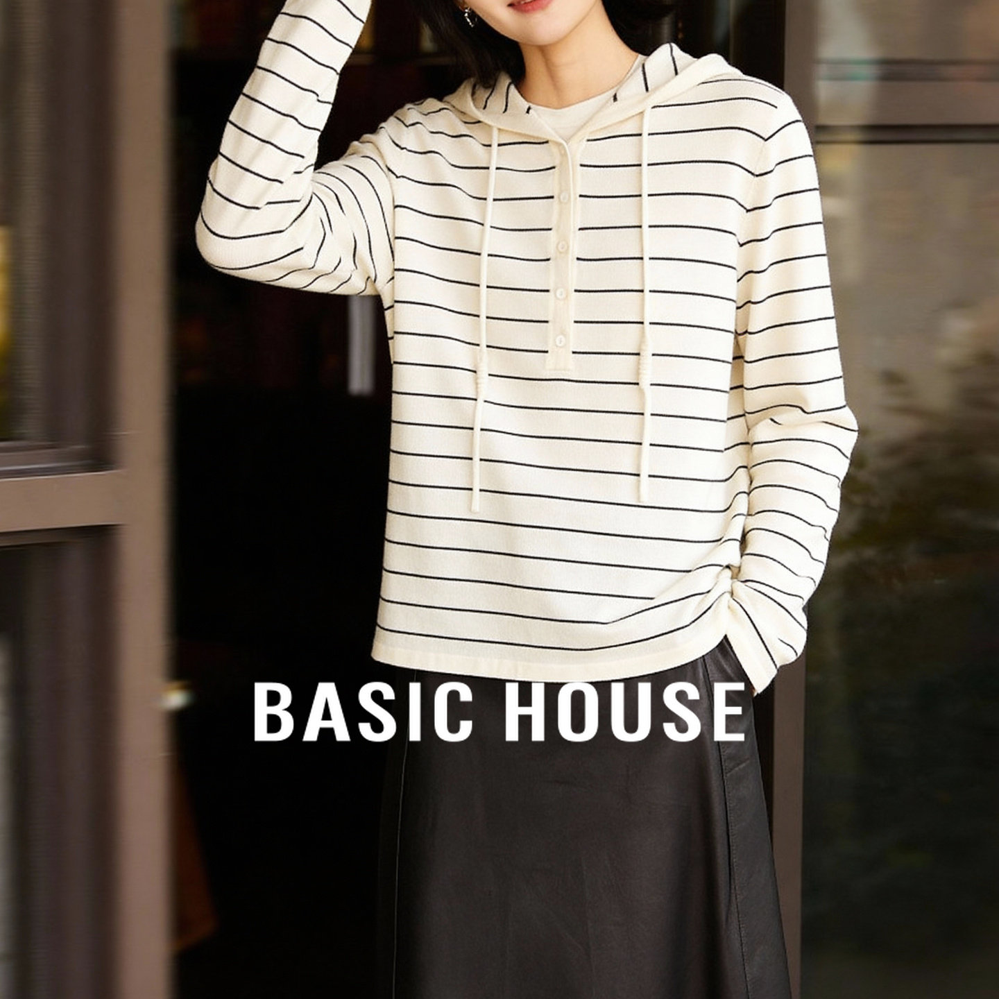 百家好撞色条纹连帽半扣绵羊毛针织衫春季新款女士慵懒风上衣外套