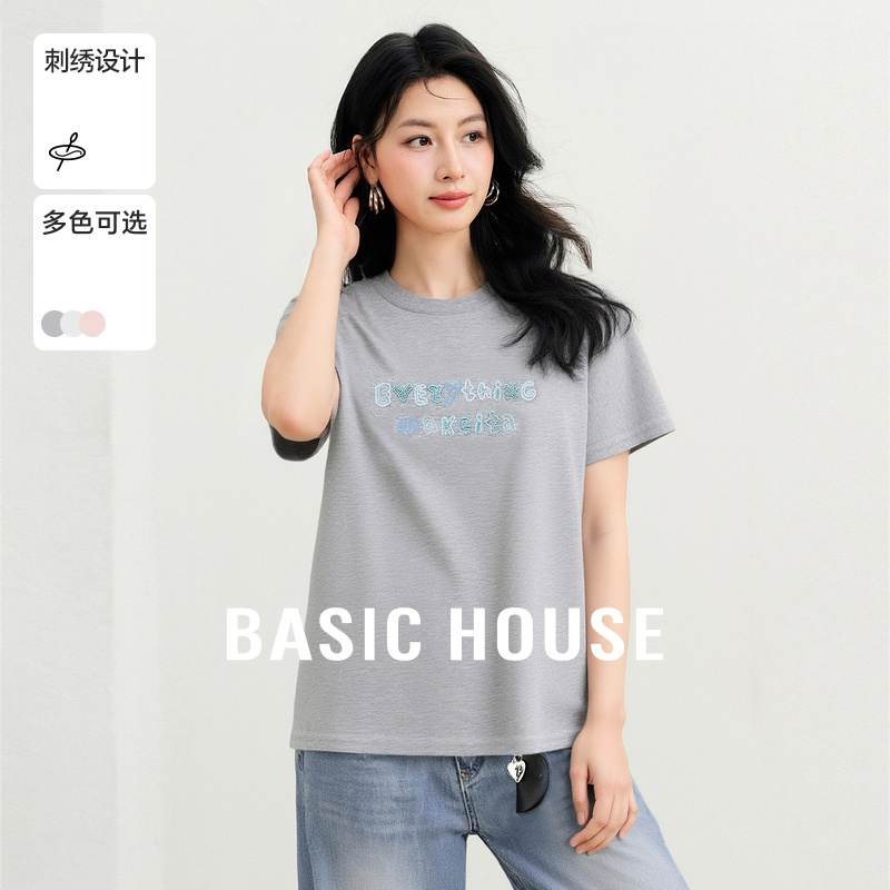 Basic House/百家好夏季新款字母刺绣设计简约百搭宽松短袖T恤女