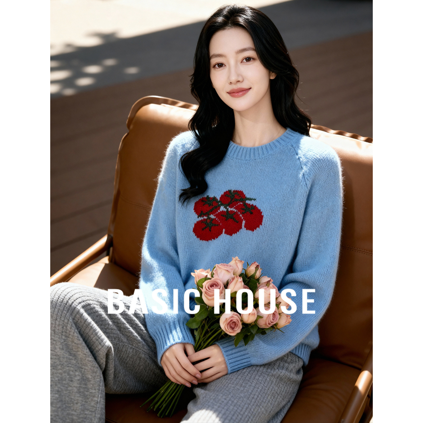 Basic House/百家好撞色番茄提花套头针织女冬季通勤圆领宽松毛衣