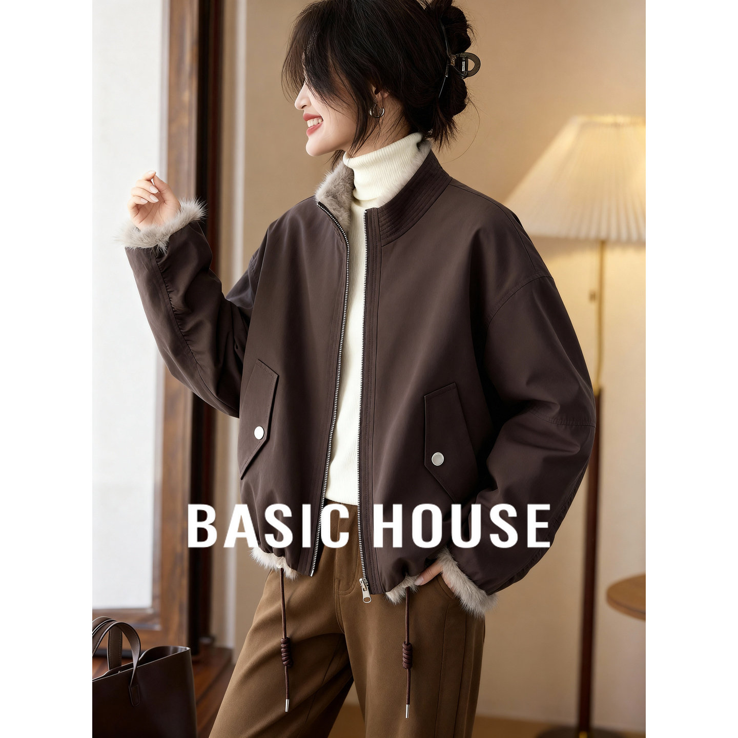 百家好双面穿设计感毛绒短外套女2025冬季新款高级感保暖夹克外套