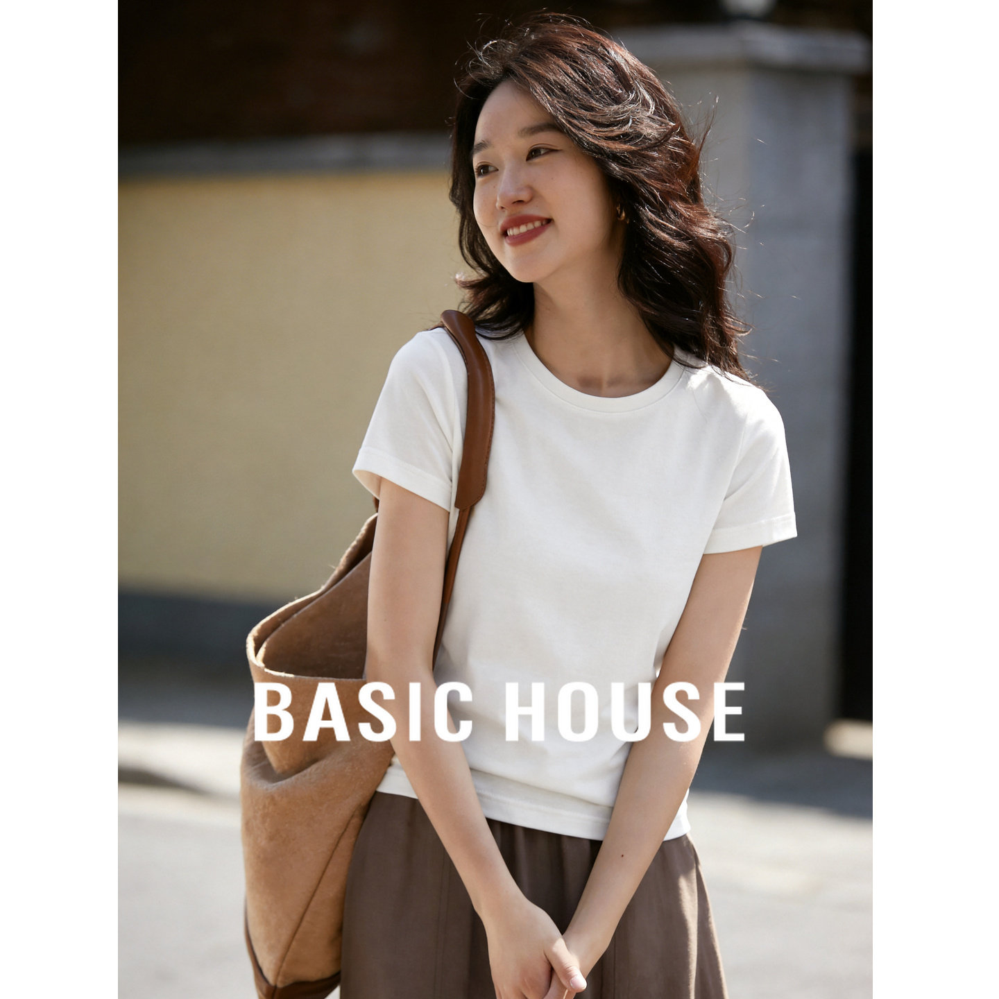 Basic House/百家好基础款纯色短袖T恤女夏2026简约圆领宽松上衣