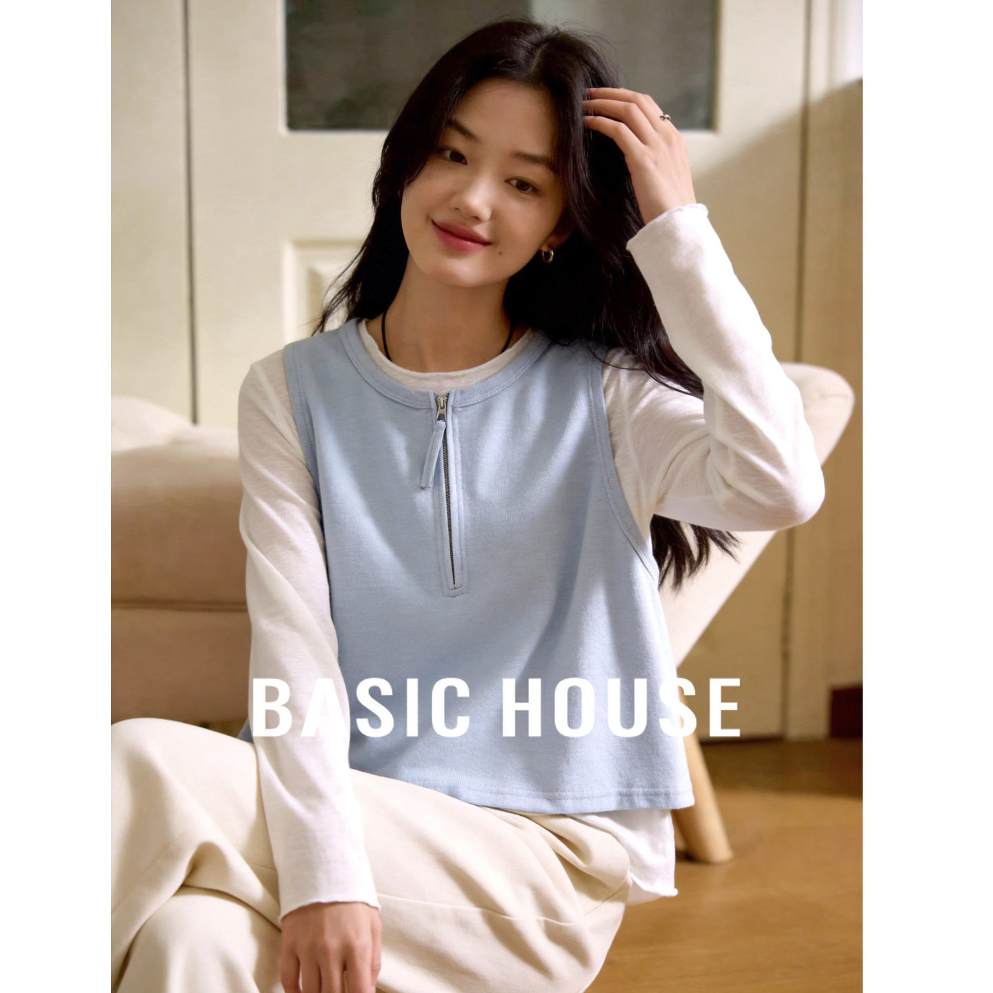 Basic House/百家好慵懒风假两件长袖T恤女叠穿宽松显瘦百搭上衣