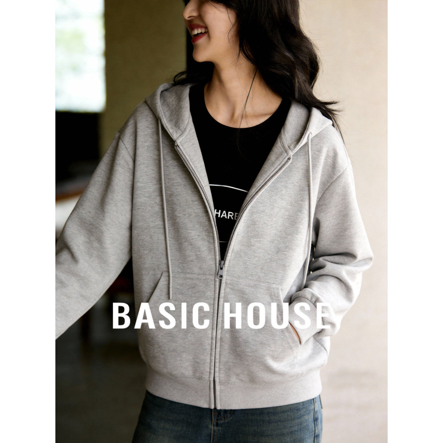 百家好灰色连帽拉链卫衣女26春季新款宽松慵懒风休闲长袖开衫外套
