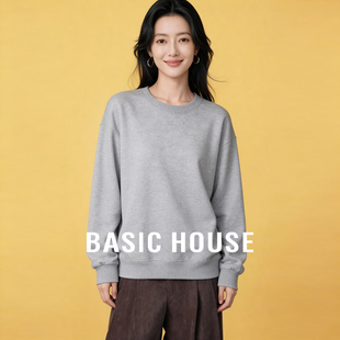 Basic House/百家好韩版潮流圆领卫衣女冬新款加绒打底衫纯色上衣